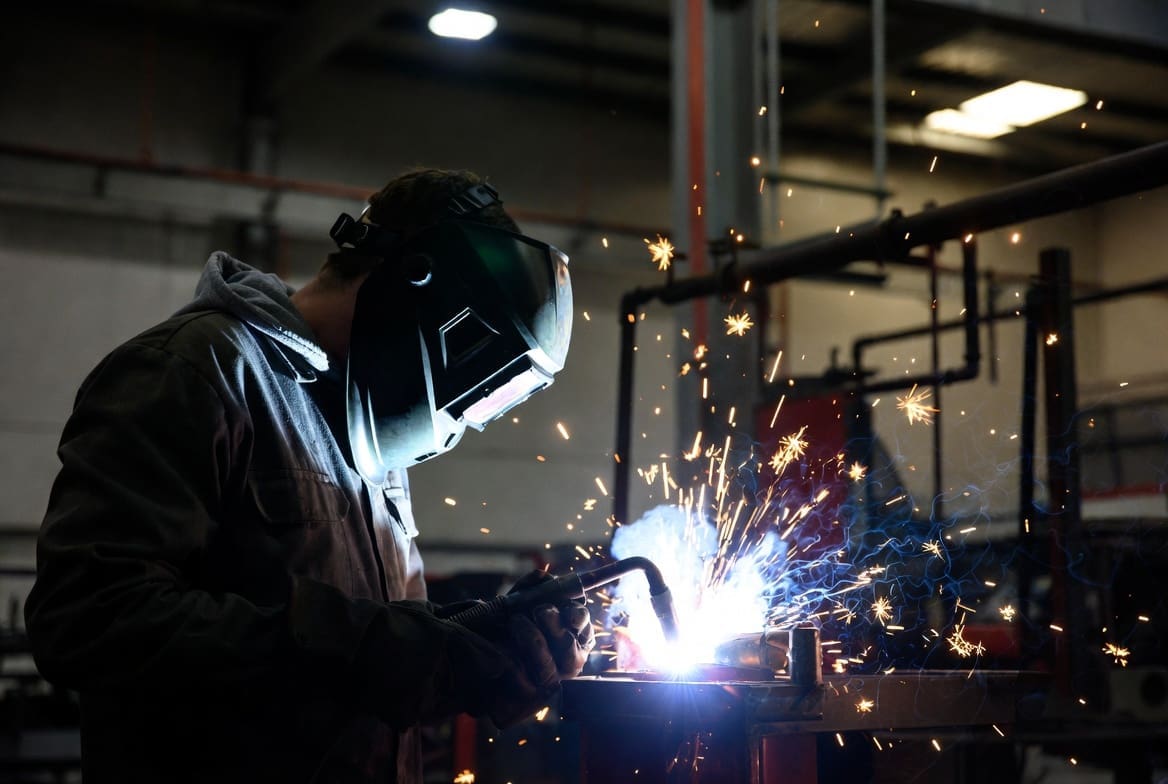 French engineering works - Expert coded welding process with sparks in a precision engineering workshop in Germiston